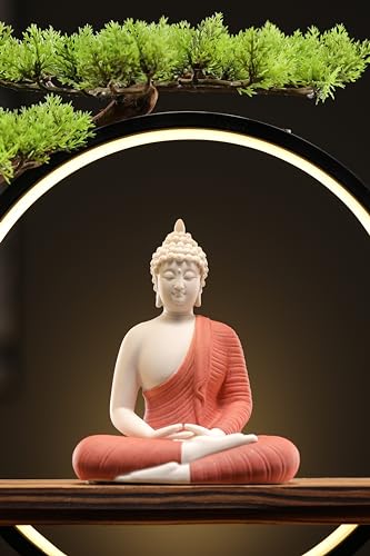 White Buddha Statue with Green Artificial Tree and LED Circle Table Lamp, Indoor Ceramic Home Decor, 16.5 in F350