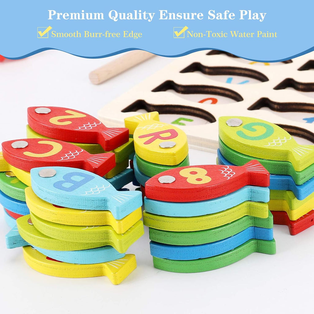 Magnetic Wooden Fishing Game Toy for Toddlers, Alphabet Counting Puzzle, Preschool Learning Educational Toys U8493