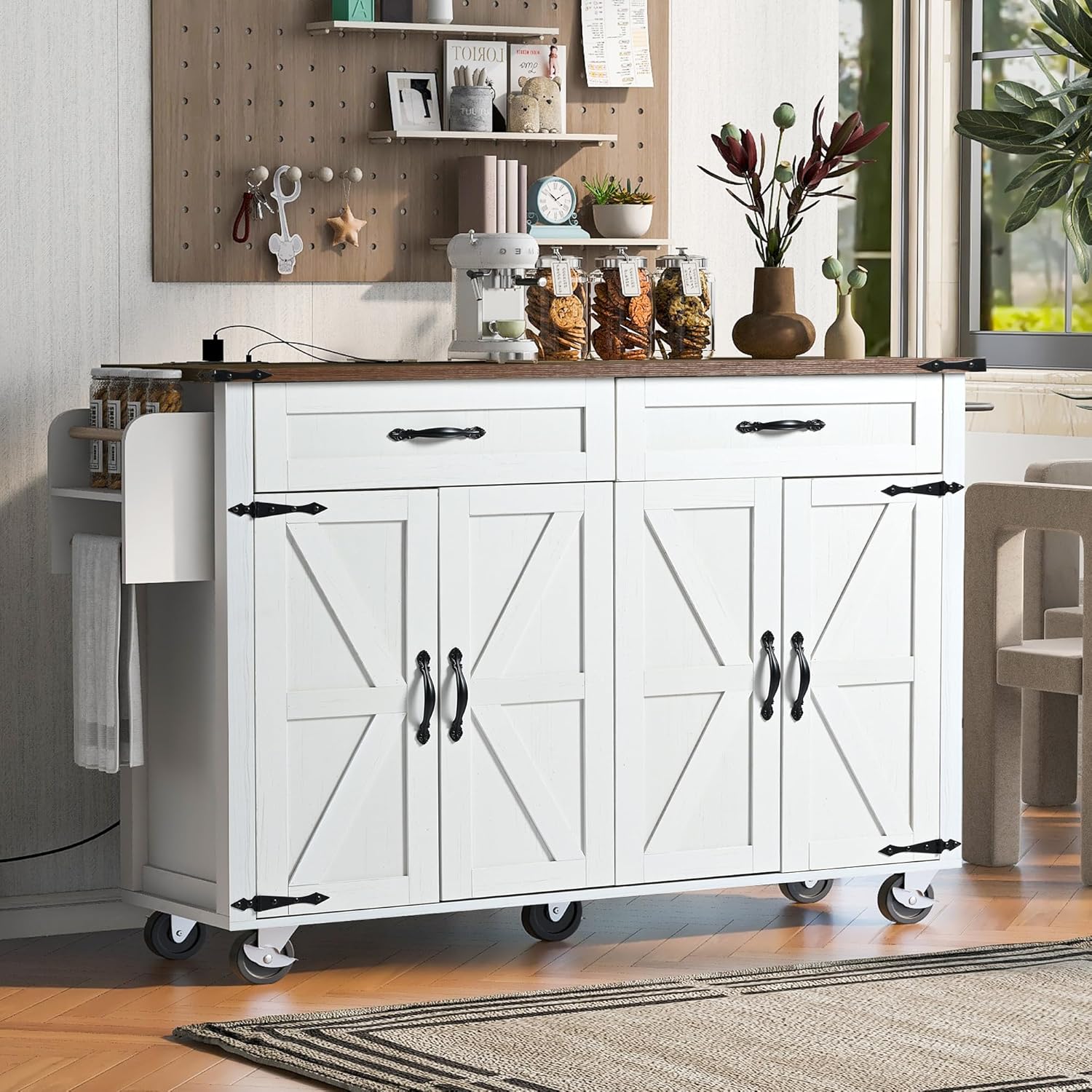 Kitchen Island Cart with Power Outlet and Storage, Rolling Trolley with Drop Leaf S12879