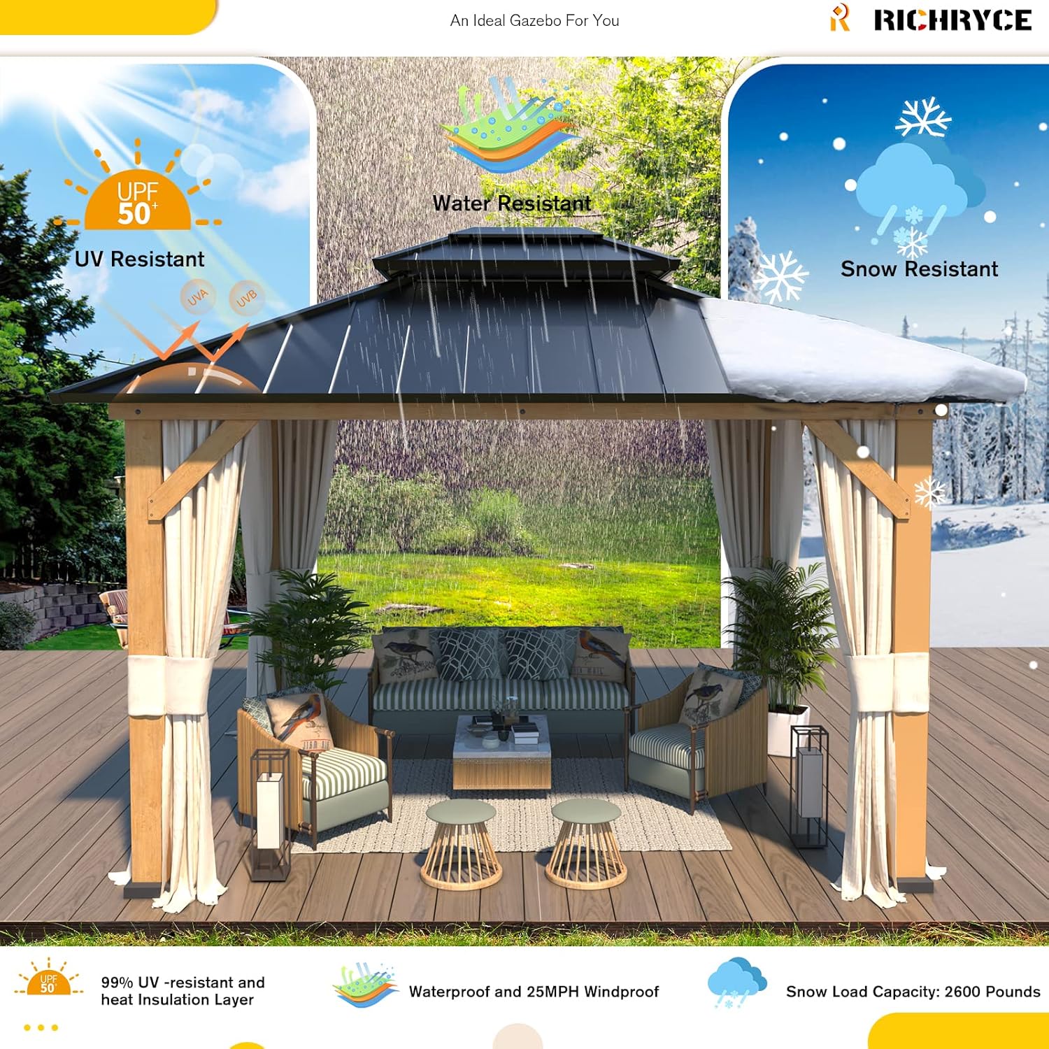 Solid Wood Gazebo with Hardtop Roof, Netting and Curtains N2070