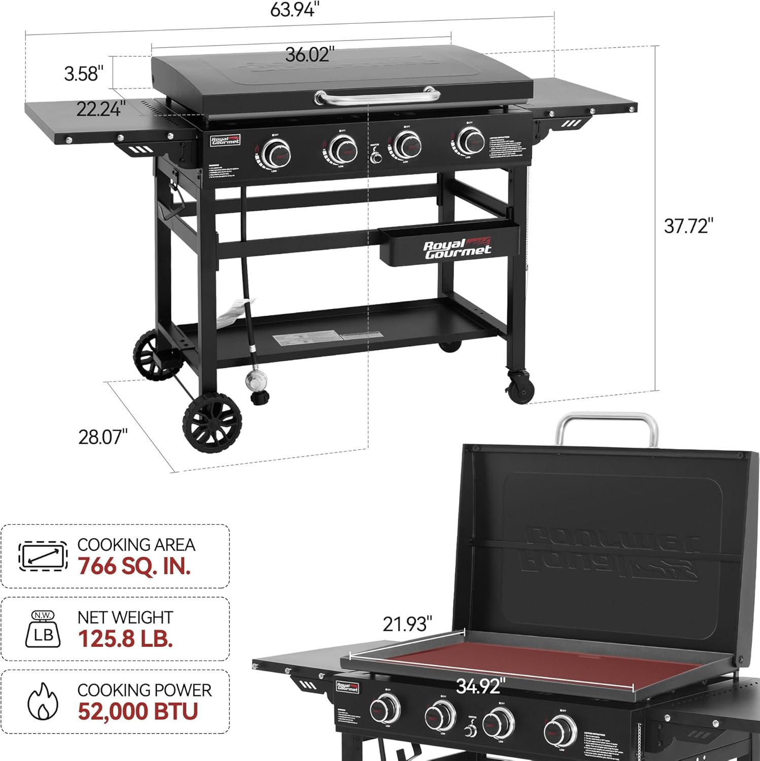 4-Burner Propane Gas Griddle with Hard Cover, 35-Inch Flat Top BBQ Grill C6416