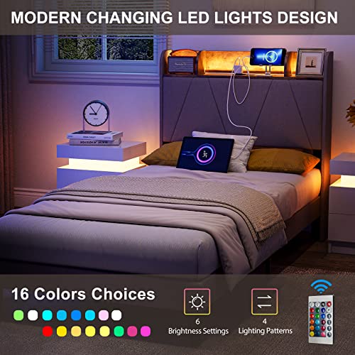 King Bed Frame with Charging Station and Storage Headboard, LED Light, Solid Wood Slats M630