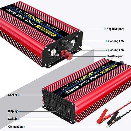 1000W Pure Sine Wave Power Inverter DC 12V to AC 110V with 2 Outlets T907607