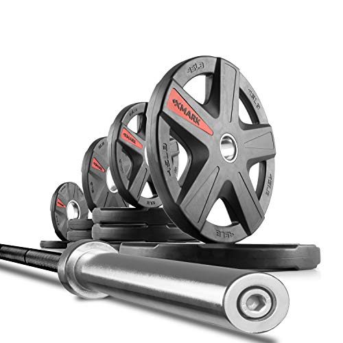 XMark TEXAS STAR Olympic Weight Plate Sets with XMark Olympic Weightlifting Bar, 2-inch Rubber Coated Olympic Grip Plate Set With 7’ Olympic Bar, Great for Home Gyms