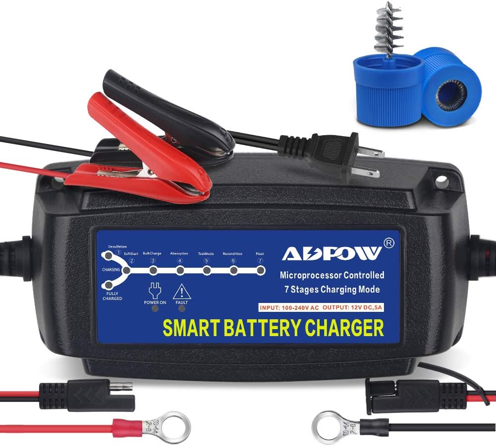 5A 12V Automatic Smart Battery Charger Automotive Maintainer 7-Stages Trickle Charger for Deep Cycle Battery Car Marine Trolling Motor Boat Truck Lawn Mower RV AGM with Terminal Cleaning Brush