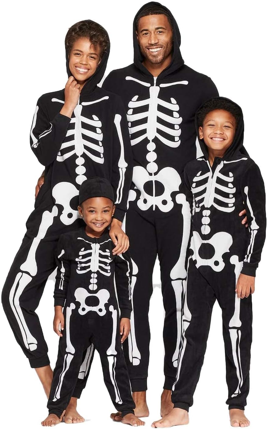 Jobakids Skeleton Costume Glow in Dark Scary Black and White Halloween Jumpsuit Matching Family Sets Holiday Hoodie Onesie Men Large