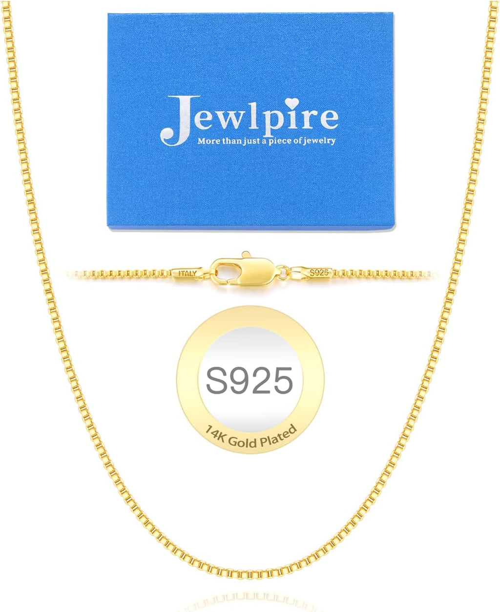 Jewlpire Italian 1MM 1.2MM Solid 14K Gold Over 925 Sterling Silver Chain Necklace for Women, Box Chain Thin & Sturdy & Comfortable Women's Chain Necklaces 14 16 18 20 22 24 26 Inches