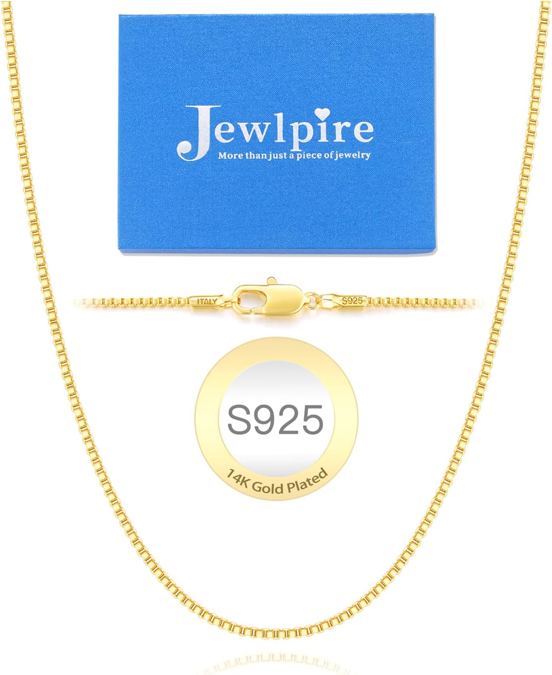 Jewlpire Italian 1MM 1.2MM Solid 14K Gold Over 925 Sterling Silver Chain Necklace for Women, Box Chain Thin & Sturdy & Comfortable Women's Chain Necklaces 14 16 18 20 22 24 26 Inches