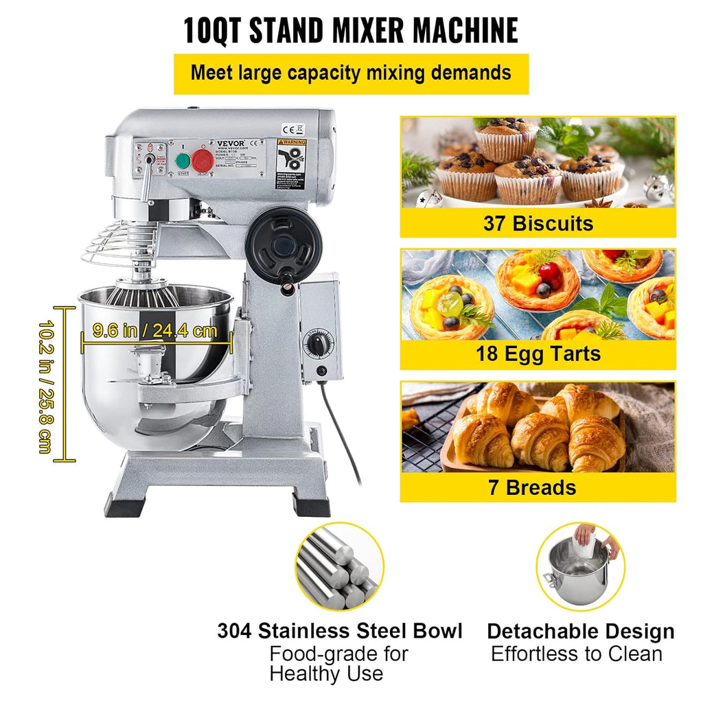 Commercial Food Mixer 10Qt Stainless Steel Bowl, 450W Stand Mixer with 3 Speeds F9570