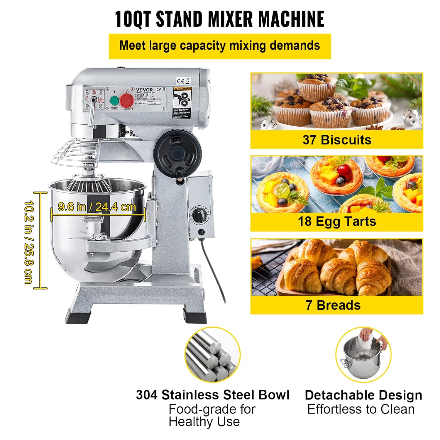 Commercial Food Mixer 10Qt Stainless Steel Bowl, 450W Stand Mixer with 3 Speeds F9570