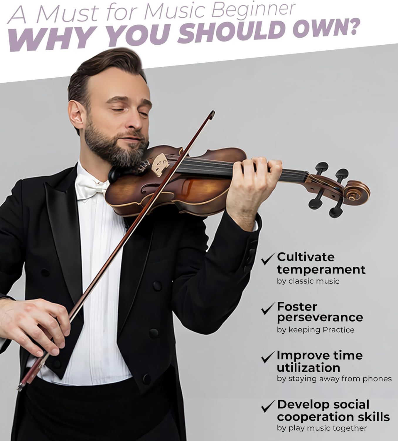 Solid Wood Violin 4/4 Full Size Set with Hard Case for Beginners E8640