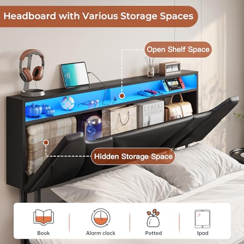 Full Size Floating Bed Frame with LED Lights and Storage Headboard U10902