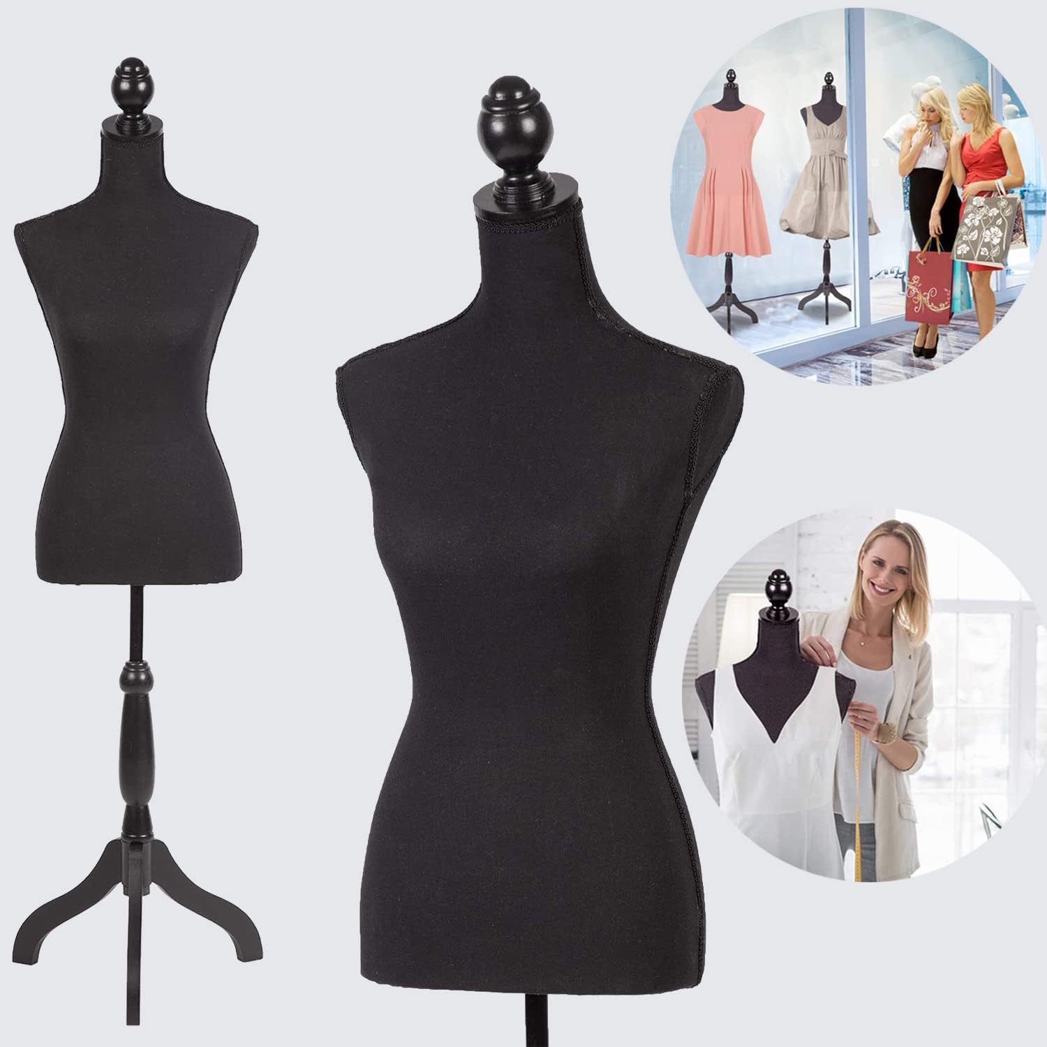 Dress Mannequin Female Dress Form Torso Manikin Body Model with Tripod Stand, 60-67 Inch Height Adjustable Maniquins Torso for Sewing Dressmakers Dress Jewelry Display, Black