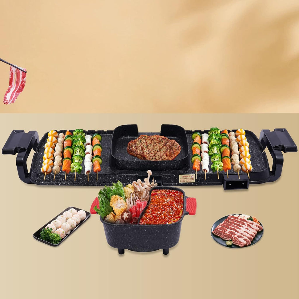 Electric Grill Hot Pot 2 in 1, Smokeless Indoor Teppanyaki with Divider D609