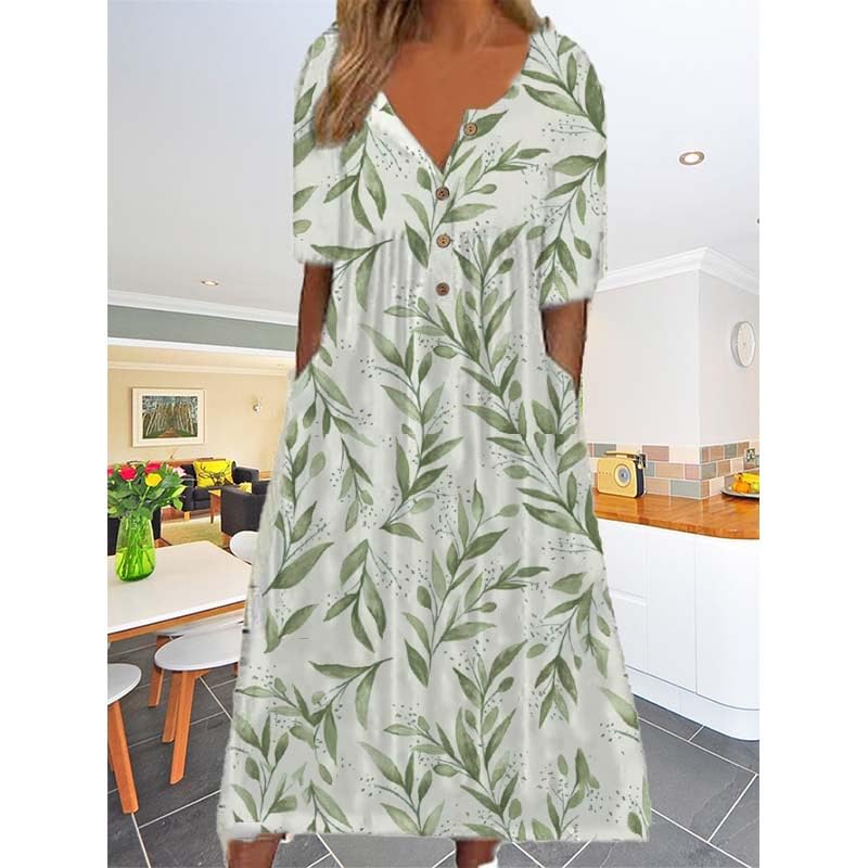 Women's Short Sleeve Boho Floral Maxi Dress with Pockets H410