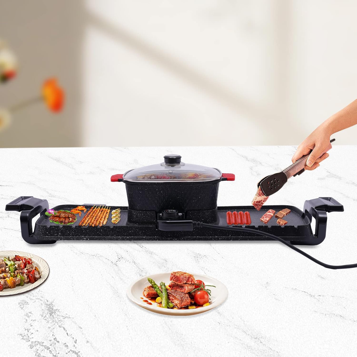 Electric Grill Hot Pot 2 in 1, Smokeless Indoor Teppanyaki with Divider D609