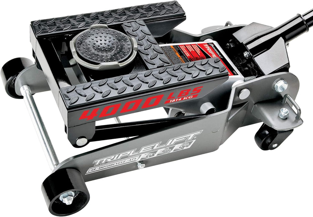 Powerbuilt 2 Ton Triple Lift Floor Jack, Lifts Cars, Trucks, Motorcycles, ATV's, Transmissions, Tie-Down Loops, Locking Safety Bar - 620422E, Silver