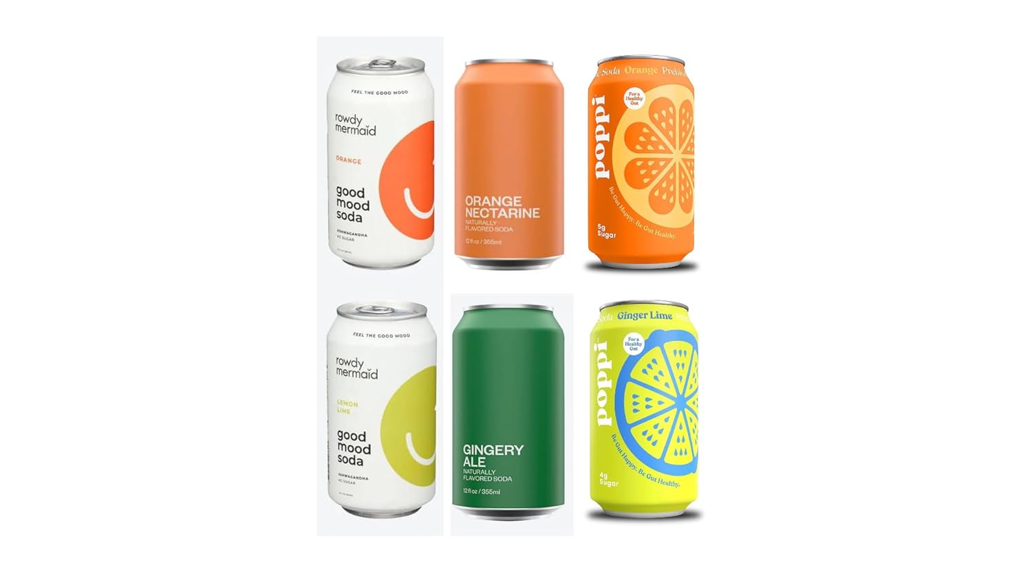 Soda Variety Pack of 6 - Orange Nectarine, Soda Gingery Ale, Good Mood Soda Soda Orange, Soda Lemon Lime, Poppi Soda Prebiotic Orange, Poppi Soda Prebiotic Lime Ginger - 12 fl. oz. Each
