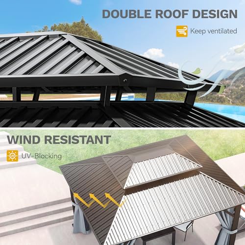 10x12ft Hardtop Gazebo Double Roof with Nettings and Curtains, Galvanized Steel Outdoor Patio N71381