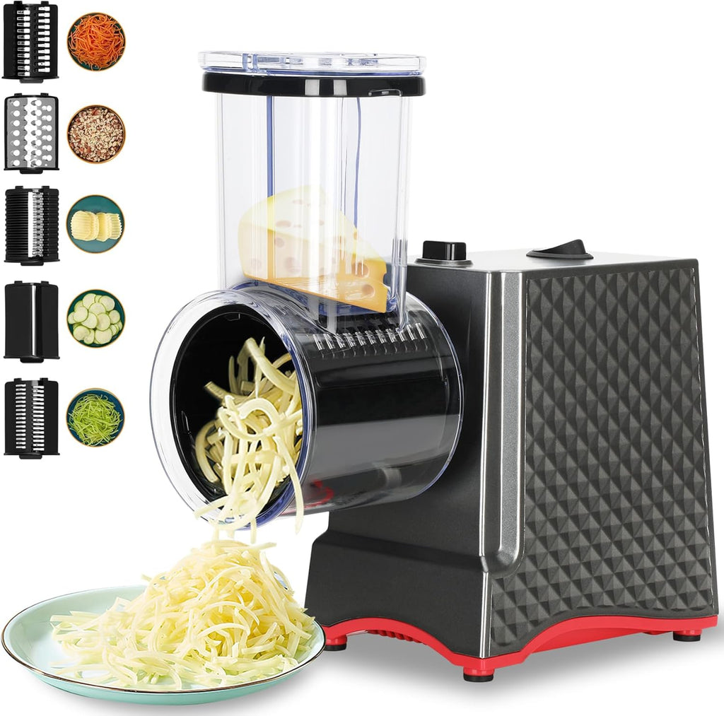 250W Professional Electric Cheese Grater for Block Cheese,Automatic Cheese Grater for Potato,Carrots,Salad Shooter Electric Slicer Shredder with 5 Types of Blades,Your Nice Kitchen Helper!