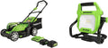 Greenworks 2X 24V 17-Inch Cordless Push Lawn Mower and 24V LED Work Light Combo Kit, 2x4Ah USB Batteries and Charger Included