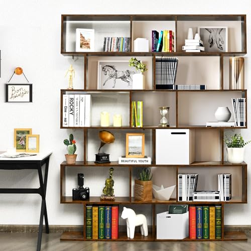 6-Tier Geometric Bookcase, Modern S-Shaped Storage Display Bookshelf, Anti-Toppling Device, Wooden Open Shelf G440024