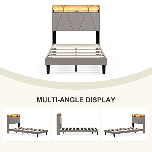 King Bed Frame with Charging Station and Storage Headboard, LED Light, Solid Wood Slats M630