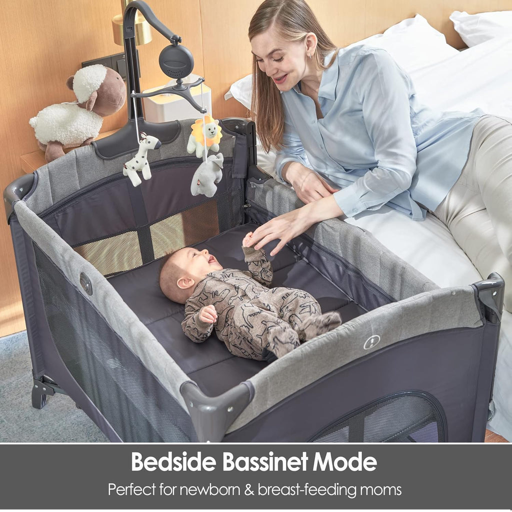 Bedside Bassinet Sleeper with Changing Table, Storage Shelf, Music Mobile for Newborn to Toddlers T5124