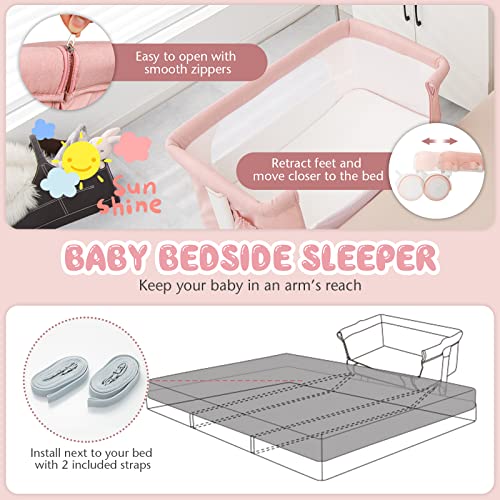 3 in 1 Folding Bassinet Bedside Sleeper with Adjustable Height, Mattress, Wheels, Storage & Carry Bag (Pink) D6125