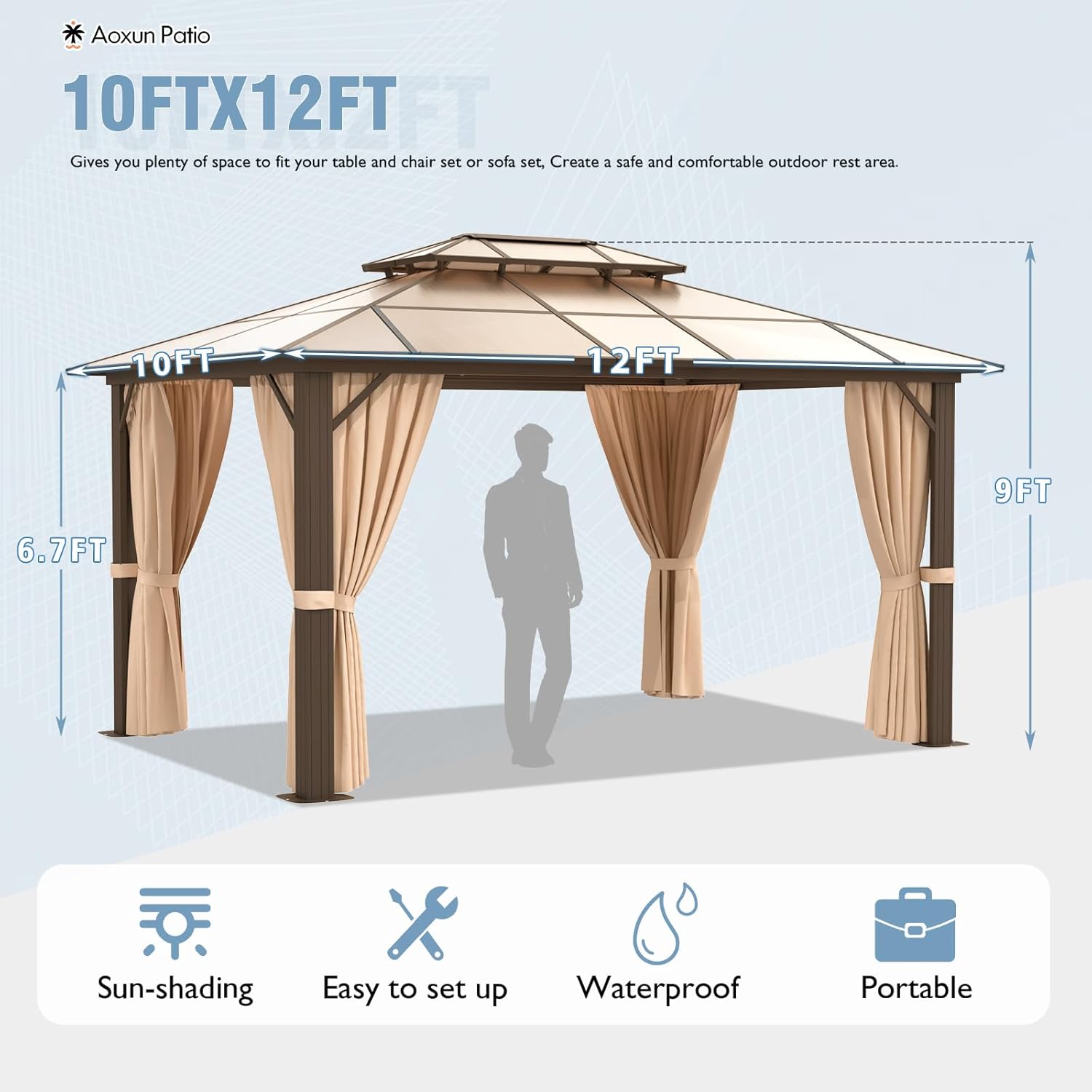 10x12FT Hardtop Gazebo with Curtains and Netting for Patios T46473
