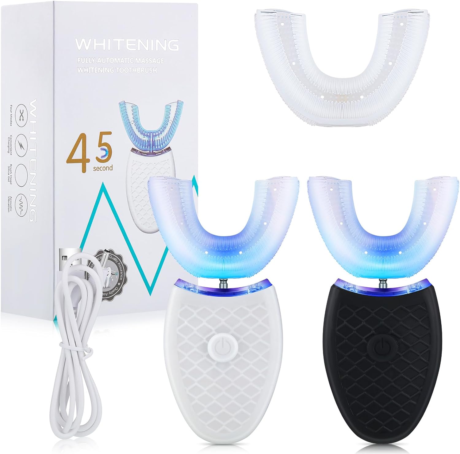 2 Pieces Ultrasonic Electric Toothbrush Adults U Shaped Automatic Toothbrushes for Teeth Whitening, 3 Brush Heads, Whole Mouth 360 Degree Cleaning Hands Rechargeable IPX7 Waterproof (No Base)