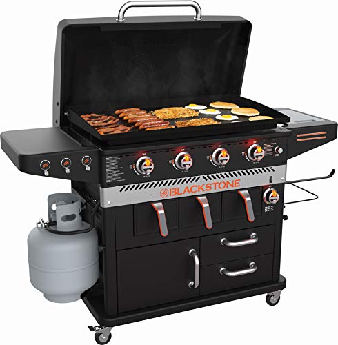 Blackstone 1923 Air Fryer Combo & Four Burners Stainless Steel Gas Hood, Wheels, Two Side Shelf – Heavy Duty Outdoor Griddle Station for Backyard, Patio, 36 inch Black