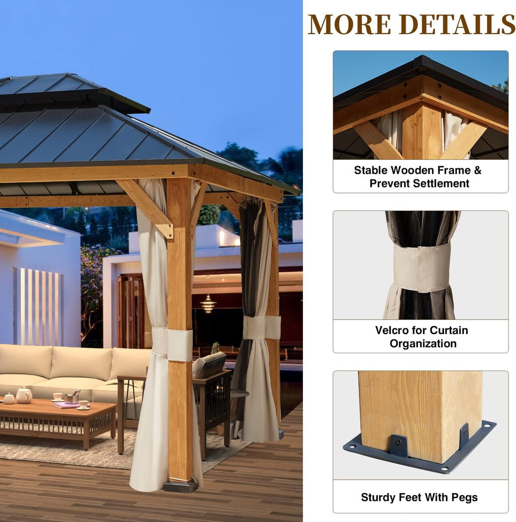 Solid Wood Gazebo with Hardtop Roof, Netting and Curtains N2070