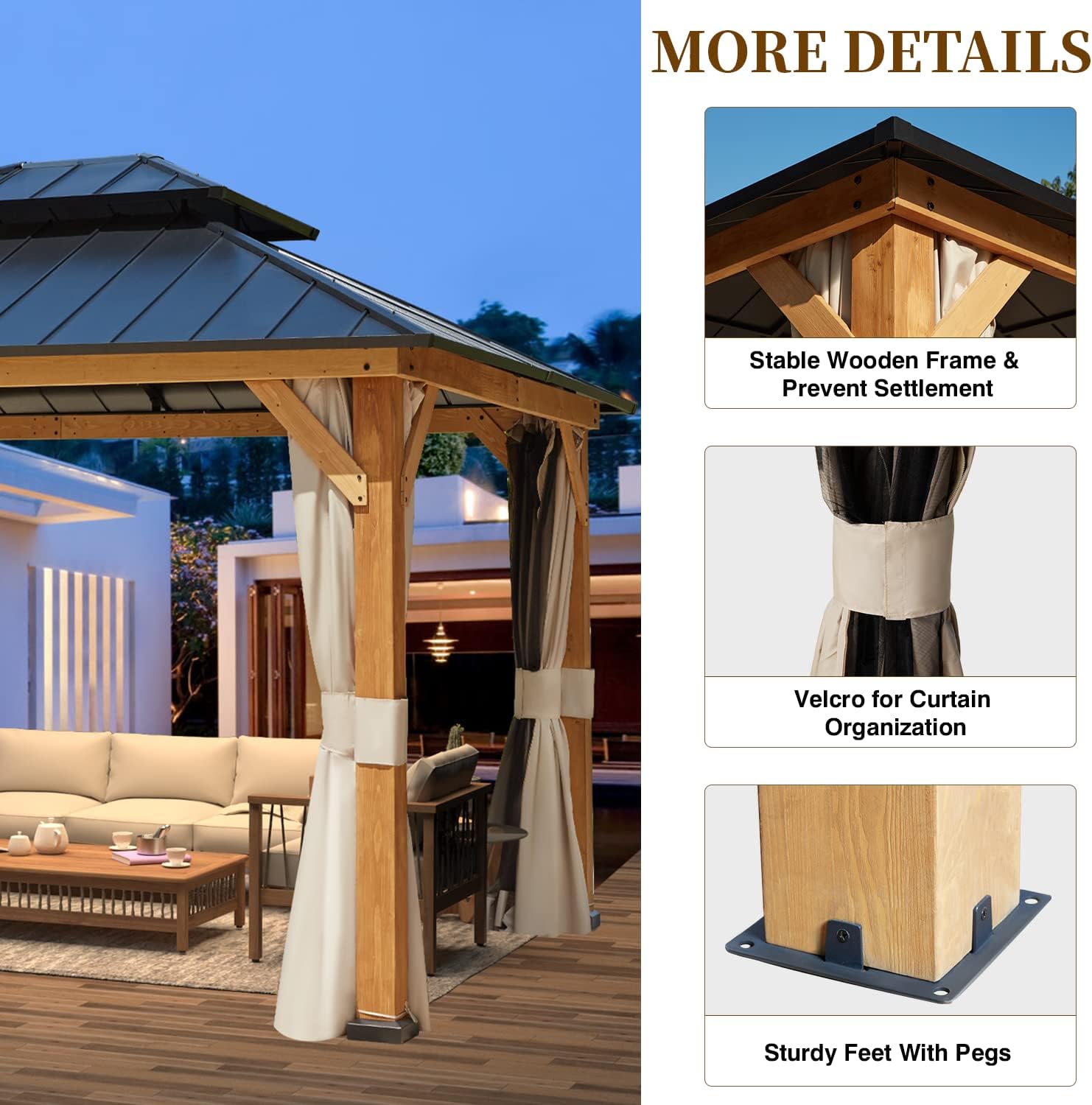 Solid Wood Gazebo with Hardtop Roof, Netting and Curtains N2070