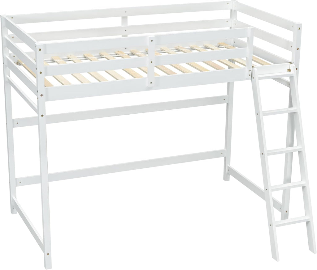 High Loft Bed with Ladder and Safety Guardrail for Kids Teens, White D580