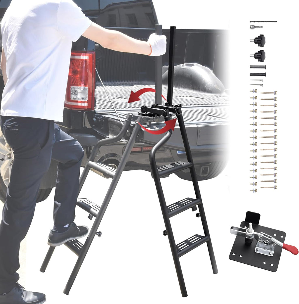 45" Foldable Pickup Truck Tailgate Ladder with Grab Handle, 360° Rotatable Heavy Duty Universal Folding Tailgate Step Ladder with Handrail for Pickup Truck (F250, RAM 2500 etc.) Accessories