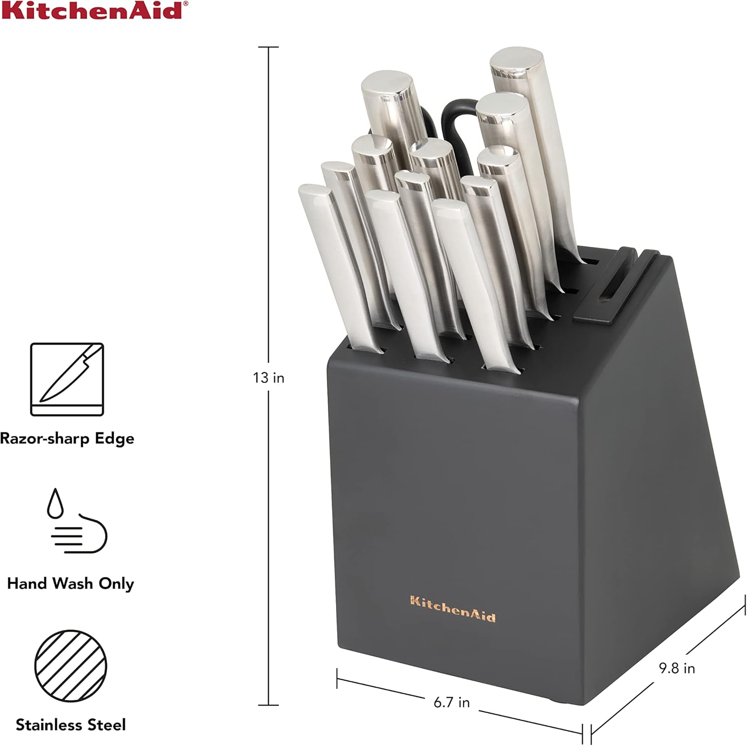 Stainless Steel Knife Block Set with Built-in Sharpener, 14 Piece, Black T264977