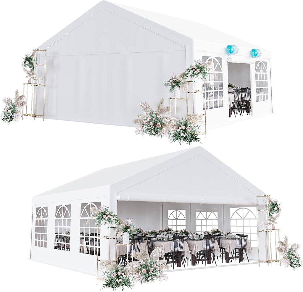 Acekool 20 x 20 FT Outdoor Party Tent Canopy Wedding Patio Camping Gazebo Shelter Pavilion Cater Wedding BBQ Events Tent w/Removable Sidewalls & 3 Storage Bags, White