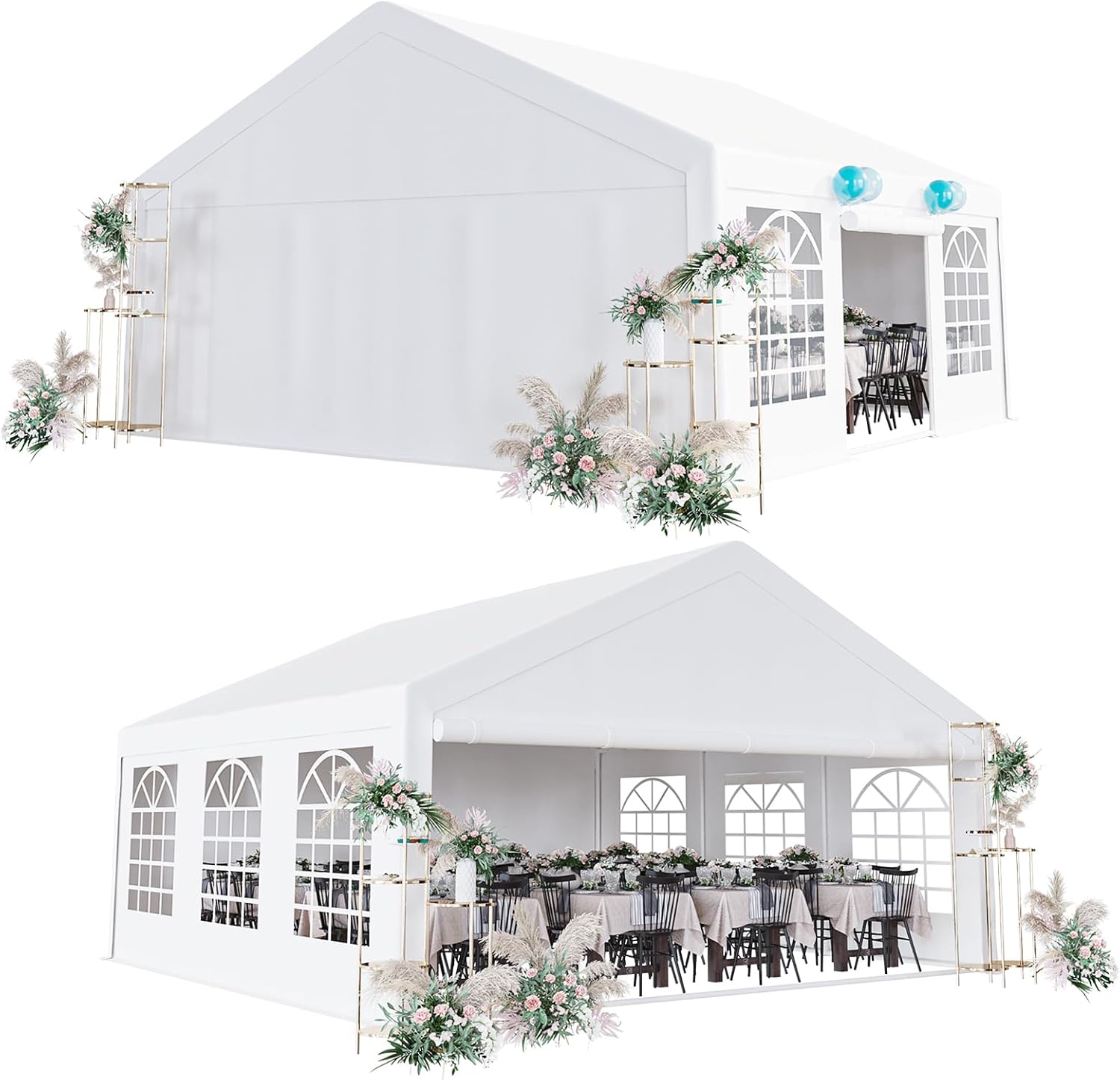 Acekool 20 x 20 FT Outdoor Party Tent Canopy Wedding Patio Camping Gazebo Shelter Pavilion Cater Wedding BBQ Events Tent w/Removable Sidewalls & 3 Storage Bags, White