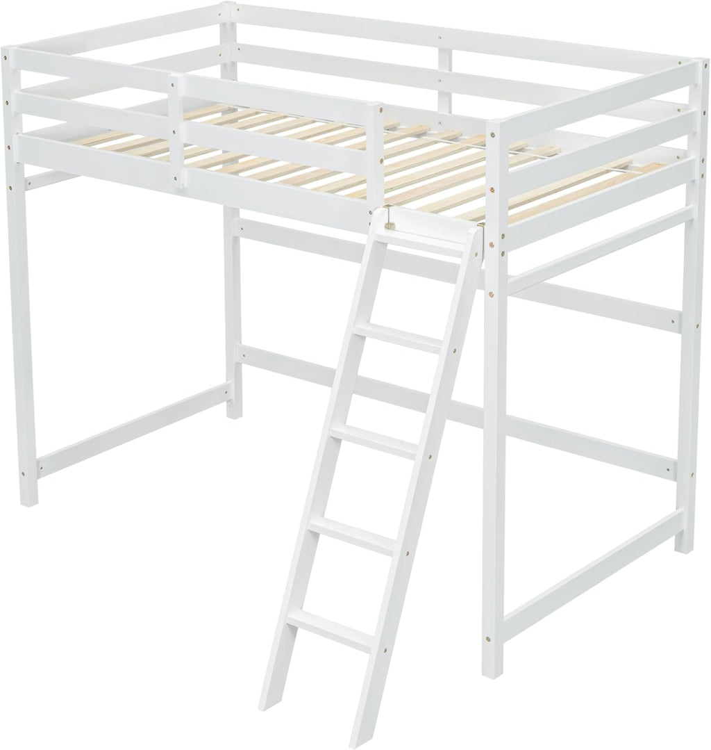 High Loft Bed with Ladder and Safety Guardrail for Kids Teens, White D580