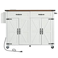 53.5''Farmhouse Kitchen Island with Power Outlet, Kitchen Storage Island with Drop Leaf, Spice Rack and Drawer, Rolling Kitchen Cart on Wheels, for Home, Kitchen and Dining Room (White)