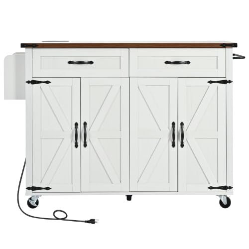 53.5''Farmhouse Kitchen Island with Power Outlet, Kitchen Storage Island with Drop Leaf, Spice Rack and Drawer, Rolling Kitchen Cart on Wheels, for Home, Kitchen and Dining Room (White)