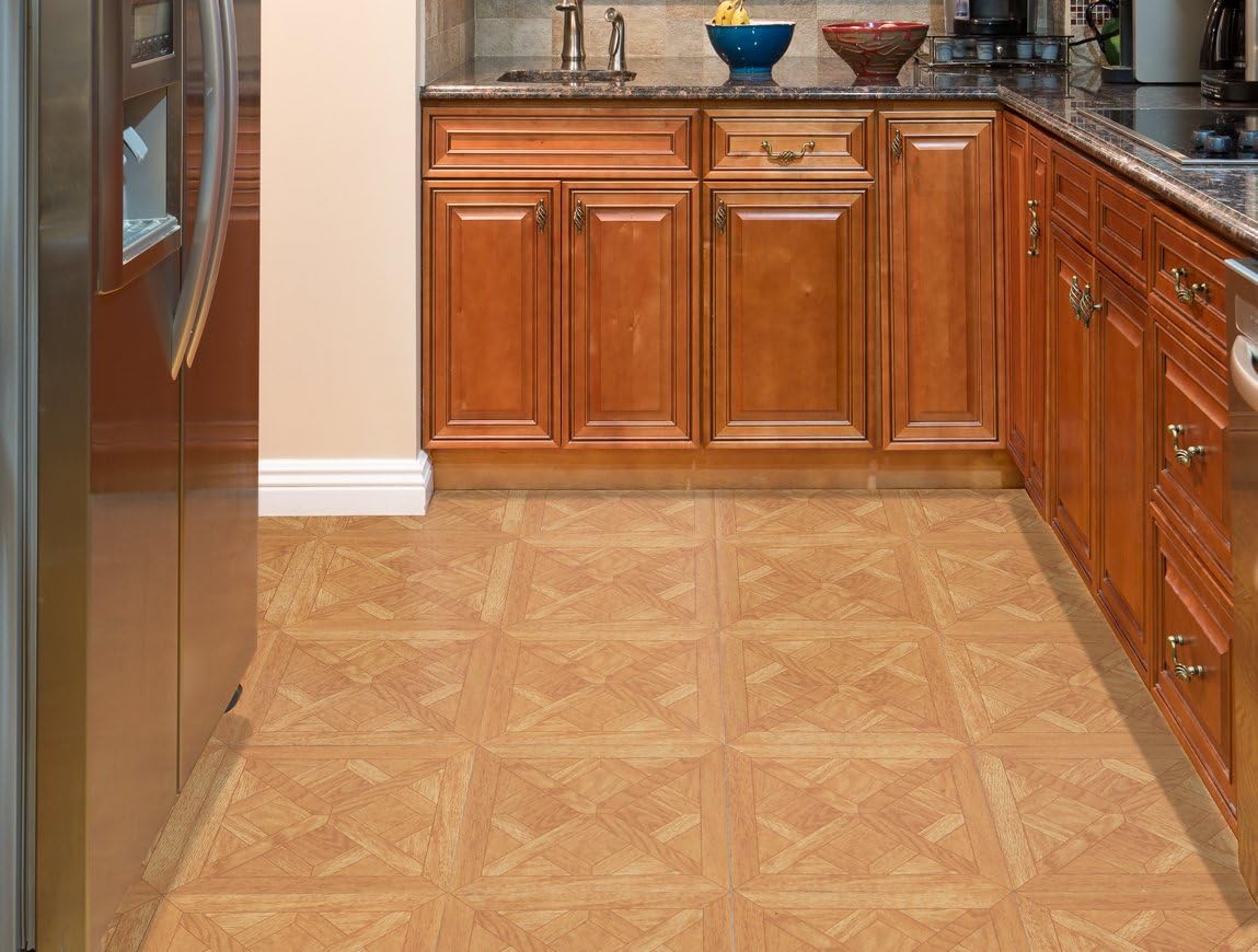 Self-Adhesive 12-Inch Vinyl Floor Tiles, 20 Tiles - Light Oak Diamond Parquet Pattern, Peel & Stick for Kitchen, Dining Room, Bedrooms & Bathrooms T51593