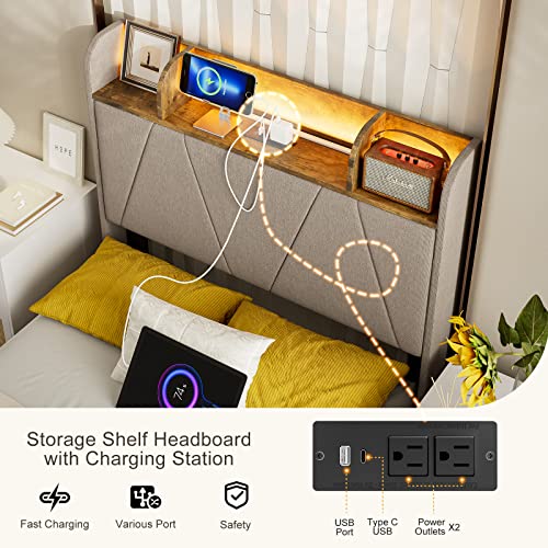 King Bed Frame with Charging Station and Storage Headboard, LED Light, Solid Wood Slats M630