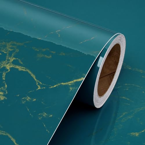 Livelynine Contact Paper Dark Teal Blue and Gold Marble Wallpaper Peel and Stick Countertops Bathroom Waterproof Kitchen Countertop Vinyl Wrap Desk Cover 15.8x78.8 Renter Friendly Counter Top Wraps