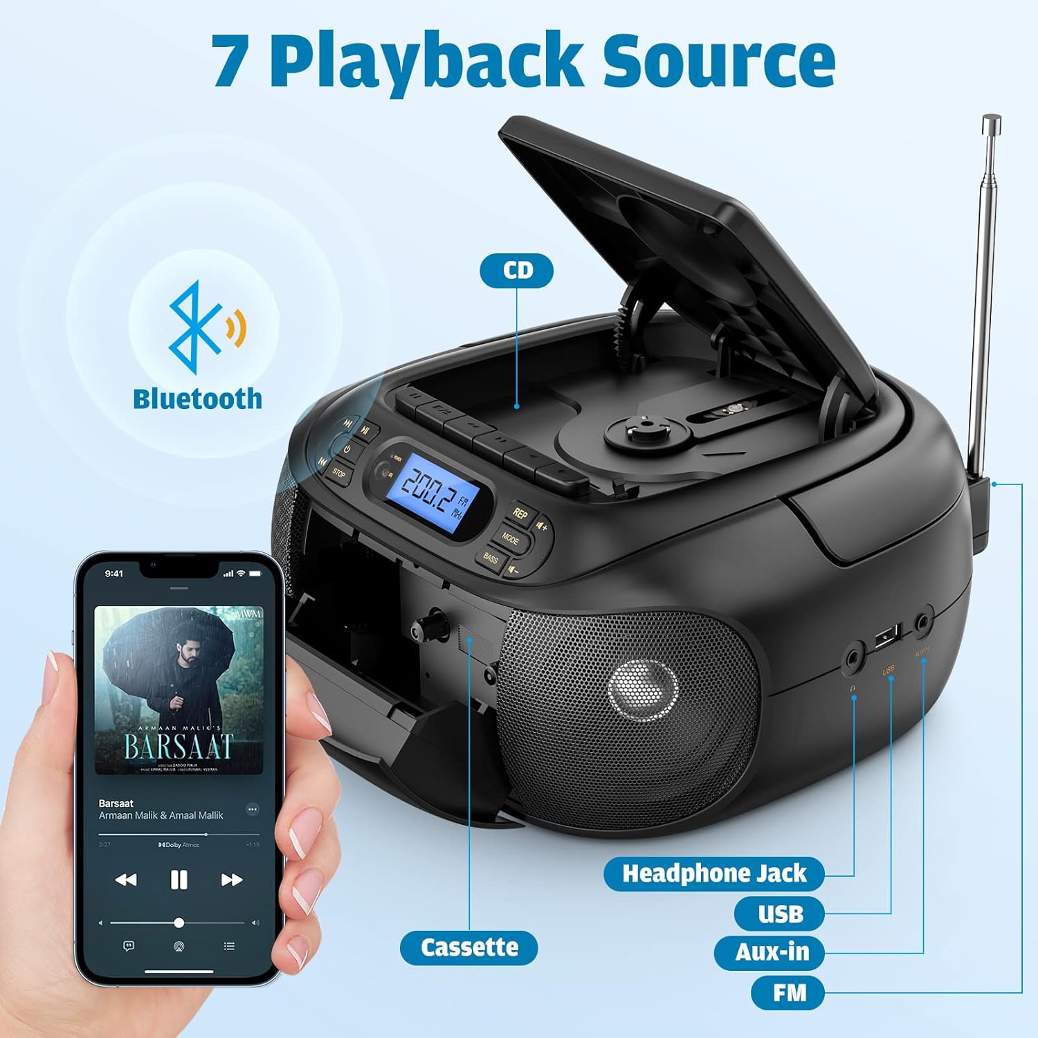 CD Cassette Player Boombox with Bluetooth, FM Radio, Aux and USB Drive B3574