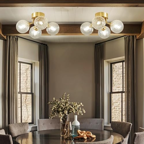 Bubble Ball Semi Flush Mount Chandelier, 13" 4-Light Brass and Clear Glass, Close to Ceiling Light Fixture V994