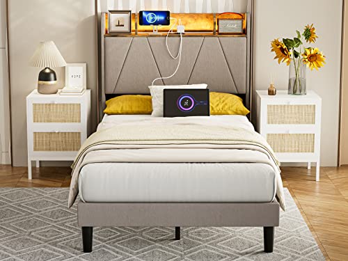 King Bed Frame with Charging Station and Storage Headboard, LED Light, Solid Wood Slats M630