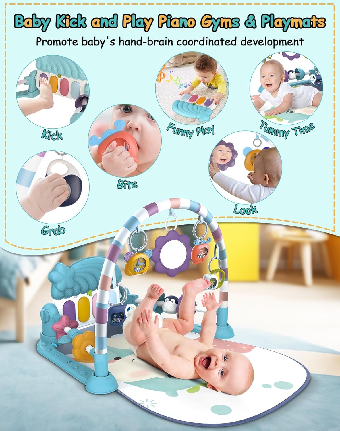 Tummy Time Play Mat with Piano, Foldable Baby Activity Gym Q938