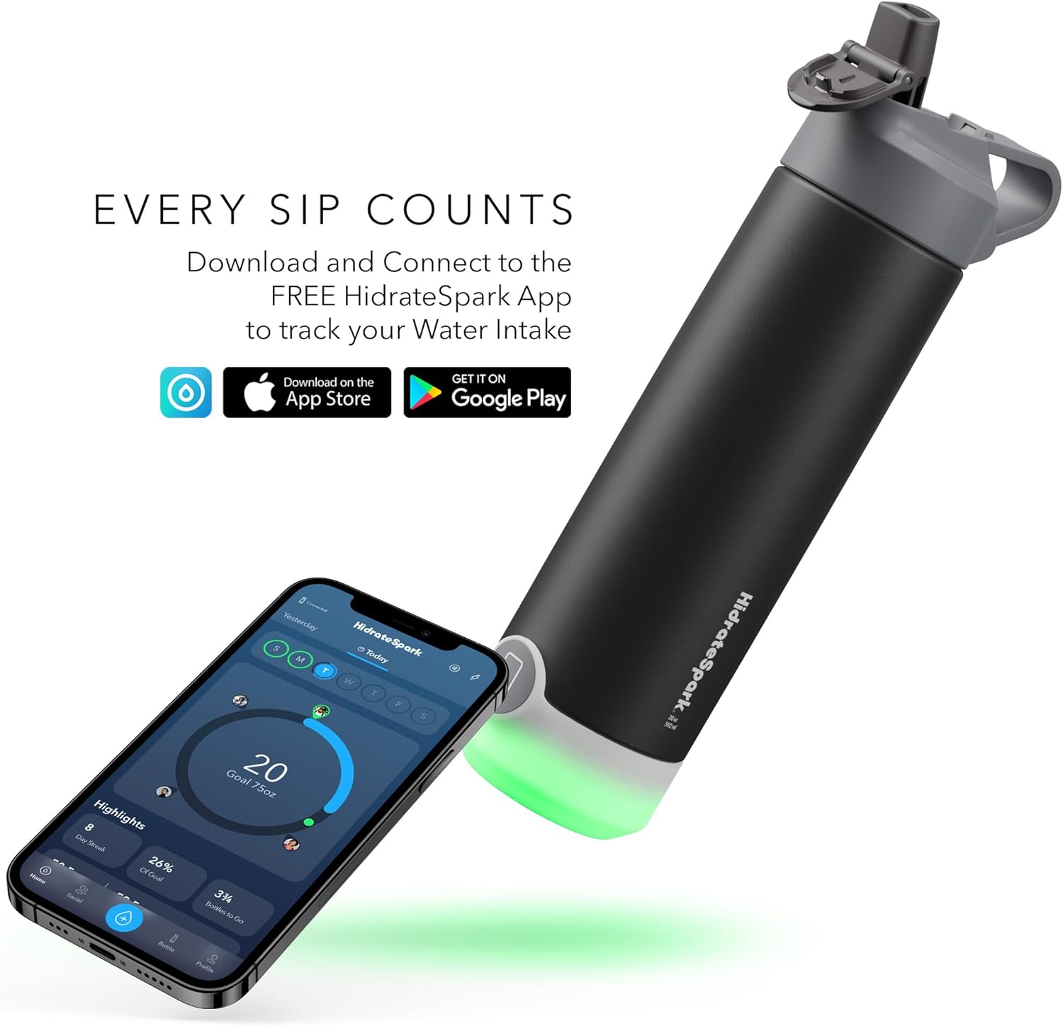 Smart Water Bottle – Insulated Stainless Steel – Tap to Track Intake, LED Reminder, 20 oz Z4638